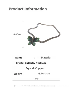 Detailed view of crystal butterfly choker with 39cm adjustable chain and material specs