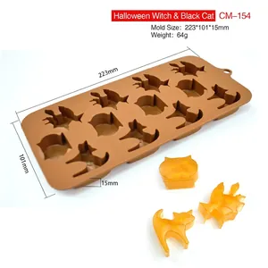 Macro view of 12-cavity silicone mold featuring witch and cat shapes with dimensions