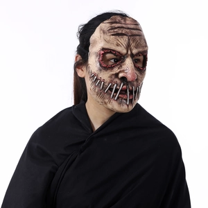 Scary Halloween horror mask with realistic stitched mouth and red eye makeup detailing