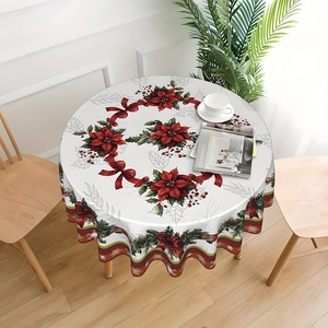 Round Christmas tablecloth with red poinsettia flowers and green holly leaves decoration
