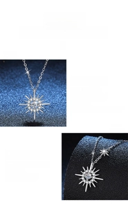 Detail shot of moissanite necklace showing intricate starburst design and s925 silver finish