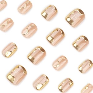 Short square nude cat-eye press-on nails with 3D metallic gold wave line decoration