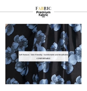 Macro shot of high-quality fabric with blue floral patterns and soft jacquard texture