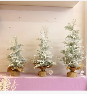 Three sizes of frosted Christmas trees with burlap bases for holiday window displays