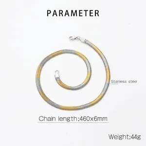 Macro detail of 6mm two-tone stainless steel snake chain with lobster clasp and sizing specs