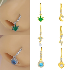 Trendy Copper Rhinestone Nose Rings Butterfly Heart Moon Lightning Pendant Nose Hoops Piercing Jewelry For Women