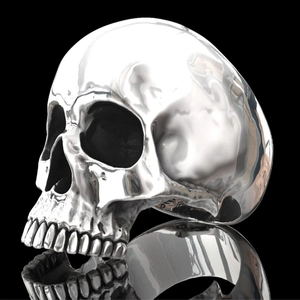 Polished silver punk skull ring for men with realistic skeletal details on black base