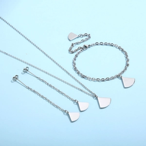 Elegant silver stainless steel jewelry set including necklace bracelet and earrings with fan charms