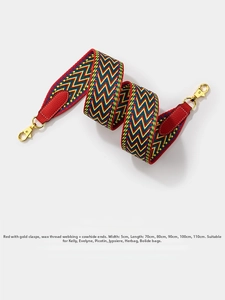 Close-up of bohemian style woven bag strap with colorful zigzag patterns and gold buckles