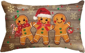 Christmas linen lumbar pillowcase with gingerbread man prints on rustic wood background