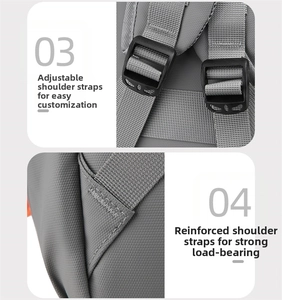 Detail of adjustable gray backpack shoulder straps with reinforced stitching and buckles