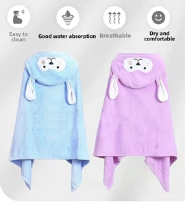 Detail of coral fleece hooded baby towels in light blue and purple with sheep ears