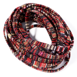 Close-up of 5mm colorful braided flat cord with red and gold geometric patterns for DIY
