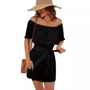 Elegant black off-shoulder pleated romper with high-waist belt and ruffled half sleeves