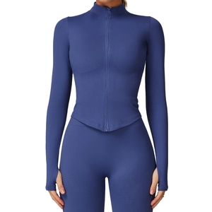 Veste de yoga bleue foncée avec col montant, fermeture éclair et passe-pouces sport