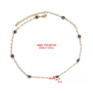 Detail of beaded evil eye necklace showing dimensions 350mm plus 50mm extension chain