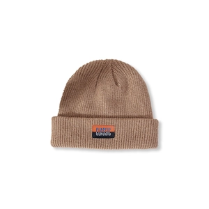 Close-up of the two-tone Classic logo patch on a brown knitted beanie hat for winter