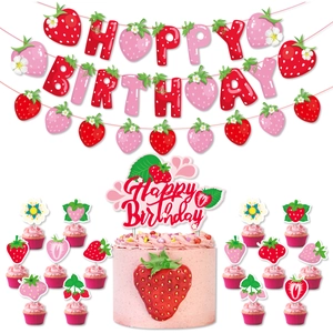 Strawberry themed Happy Birthday banner and cake toppers set for fruit party decor