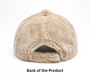 Detailed back view of khaki faux fur baseball cap showing plush adjustable strap