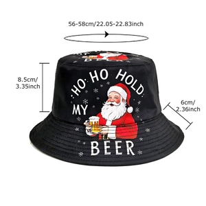 Black bucket hat with Santa 'Hold My Beer' print, 56-58cm cotton sun cap for outdoor wear
