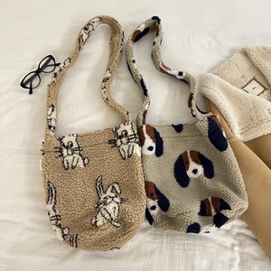 Furry lamb wool shoulder bags with cute animal embroidery in khaki and grey-green tones