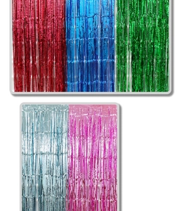 Macro view of shiny metallic foil curtains in red blue green and pink party colors