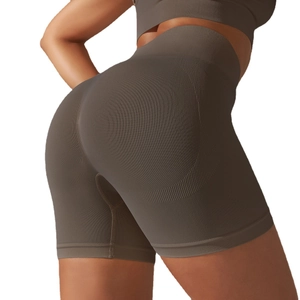 High-waisted mocha seamless yoga shorts with peach lift and tummy control for workout