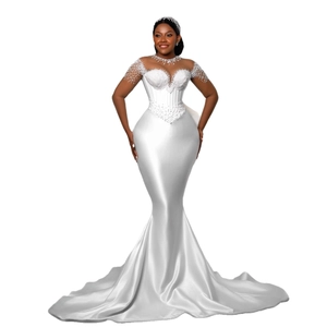 Elegant mermaid satin wedding dress with sheer long sleeves and pearl diamond embroidery
