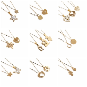 Golden double-layer stainless steel necklaces with various rhinestone pendants in 9-grid view