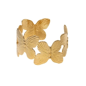 Vintage wide gold plated stainless steel open cuff bracelet with 3D butterfly design