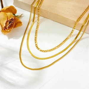 Three-layer gold-plated stainless steel necklace set with Figaro and snake chains