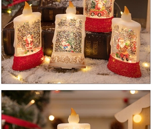 Close-up of Santa and Snowman LED water lantern with silver glitter and warm lights