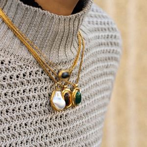 French vintage stainless steel gold necklaces with pearl and oval gemstone pendants