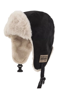 Detail of winter trapper hat with black suede, plush faux fur lining and chin buckle