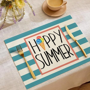 Detail of linen placemat with Happy Summer print, ice cream motif and blue stripes