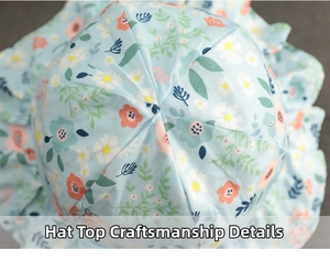 Detailed top view of light blue floral baby sun hat showing precise stitching and fabric
