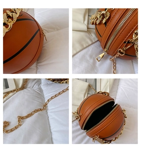 Detailed views of brown basketball-shaped shoulder bag with gold chain and PU texture