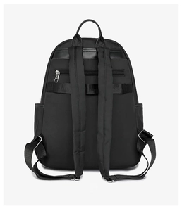 Back view of black nylon backpack featuring luggage strap and anti-theft zipper pocket