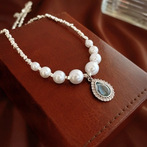 Water Drop Pendant Necklace Alloy Blue Zircon Imitation Artificial Pearl Vintage Elegant Luxury Jewelry Accessory For Women