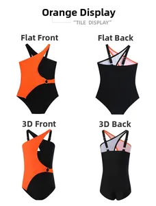 Flat lay of girls' one-shoulder swimsuit with orange-black color block and metal ring
