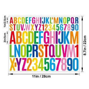 Macro view of multi-color vinyl alphabet and number stickers with detailed size labels