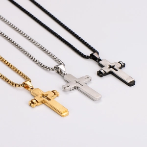 Three-color stainless steel cross pendant necklaces in gold, silver, and black finishes