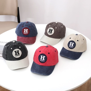 Kids Washed Cotton Baseball Cap Letter Happy Embroidery Adjustable Retro Patchwork Sun Hat For Toddler Boys Girls