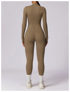 Back view of high-elastic olive green long sleeve yoga bodysuit with body-sculpting lines