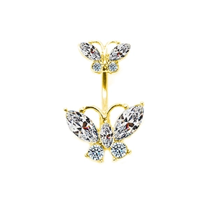 Sparkling golden butterfly belly button ring with crystal zircon insets on white background