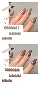 Glossy almond press-on nails in dark brown and taupe grey with full size set display
