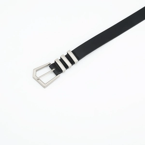 Black leather belt for women featuring a silver geometric buckle and metallic ring accents