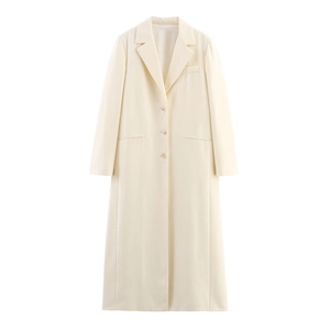 Women Long Blazer Coat Lapel Collar Single Breasted Solid Color Over The Knee Outerwear Elegant Polyester Beige Casual Streetwear