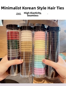 Detail view of high elastic seamless hair ties set in clear plastic cylinders