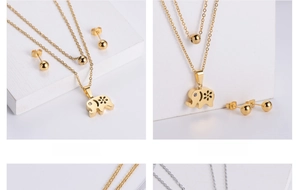 Detail of double-layer elephant pendant necklace and ball stud earrings in gold finish
